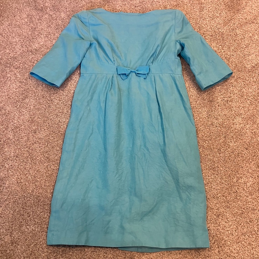LK Bennett Turquoise Silk Linen Coat Dress Blue Bow Back Sz 4 US Quiet Luxury
